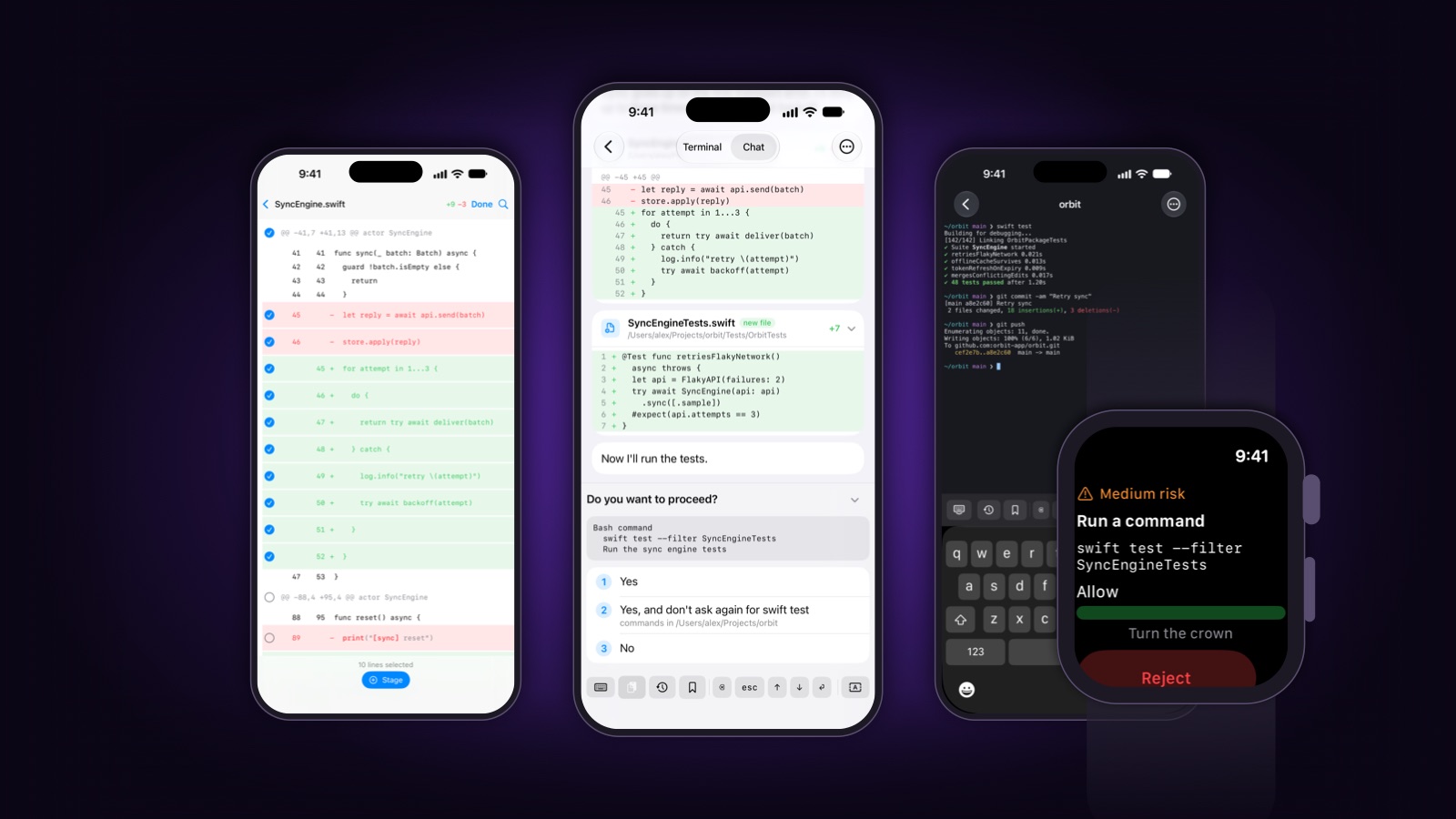 Three iPhones and an Apple Watch: a diff with the lines picked for a commit, an agent asking to run the tests, the terminal after a push, and the same question on the watch