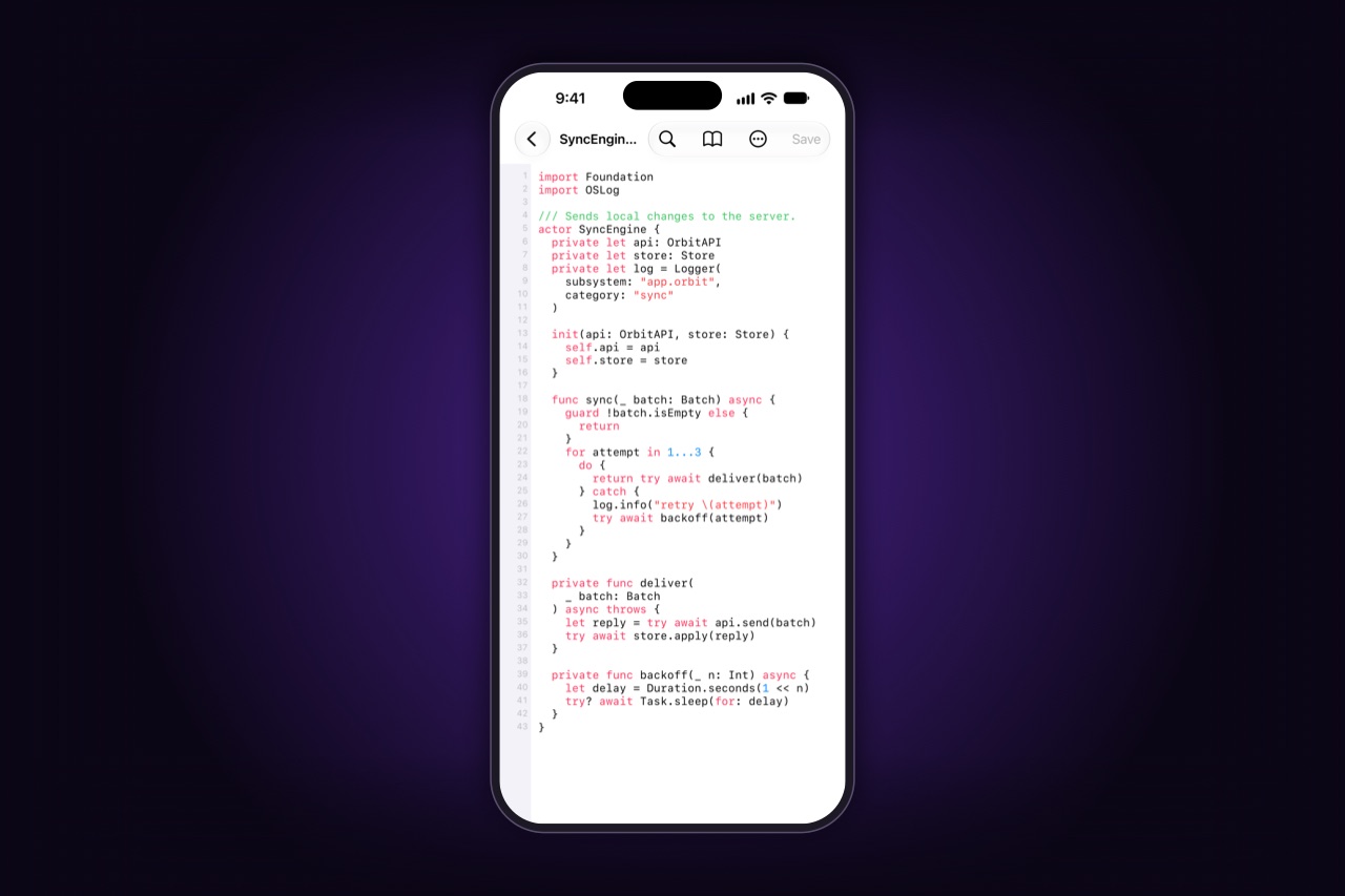 Eine Quelldatei vom Mac, auf dem Telefon mit Syntaxhervorhebung geöffnet