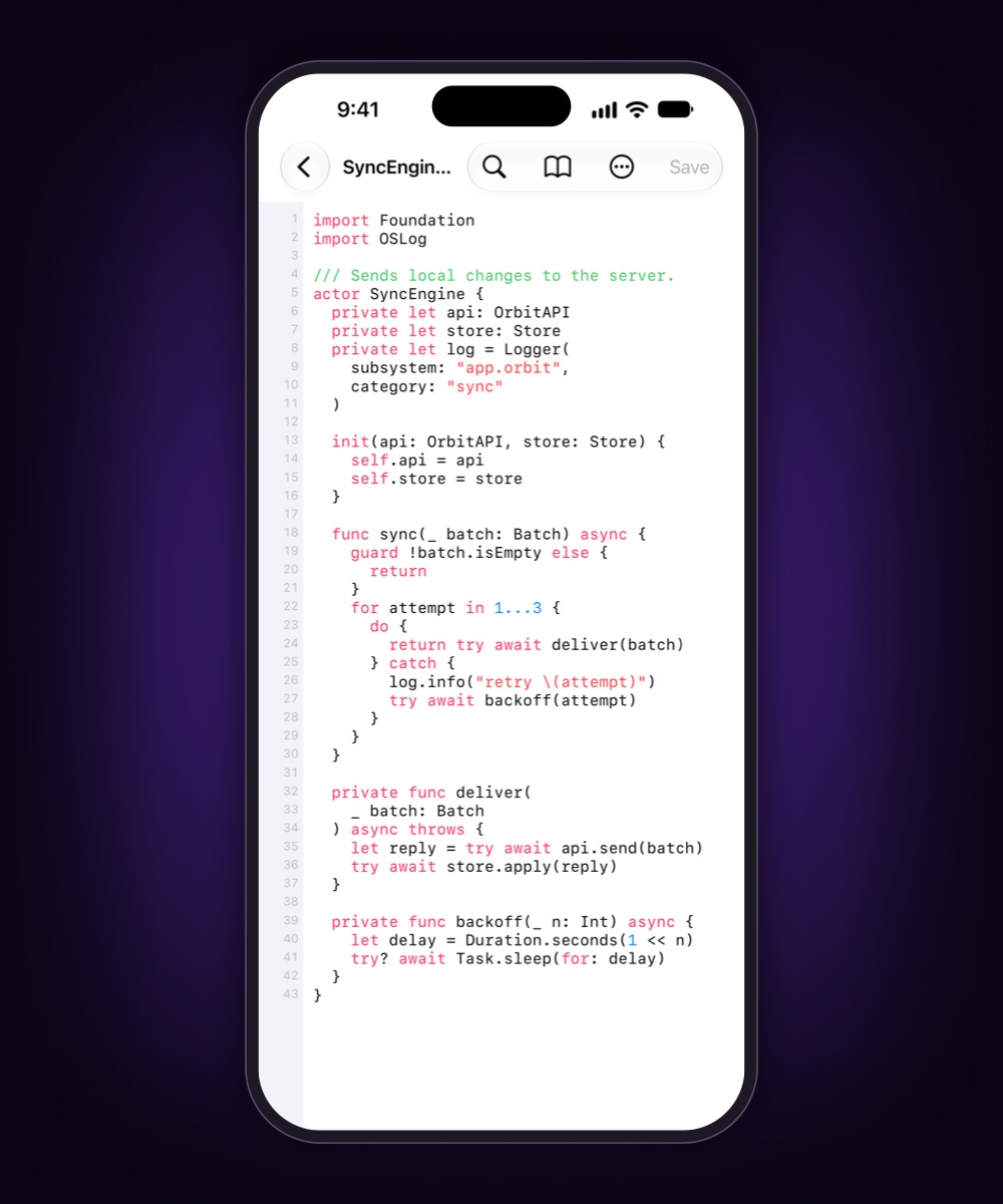 An iPhone showing SyncEngine.swift with syntax highlighting and line numbers, with search, reading mode and Save in the toolbar.