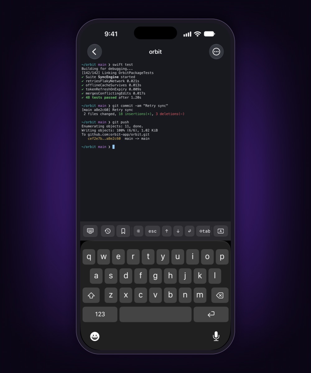 An iPhone terminal on the orbit project: 48 tests passed, a commit and a push to main, with a row of Esc, arrow and Tab keys above the keyboard.